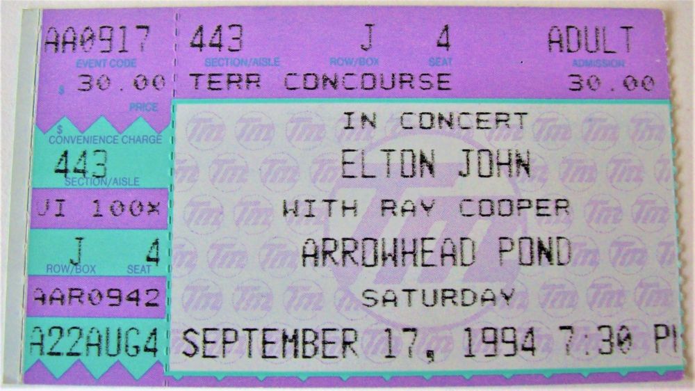 ELTON JOHN RARE CONCERT TICKET SAT 17th SEPT ARROWHEAD POND ANAHEIM U.S.A. 