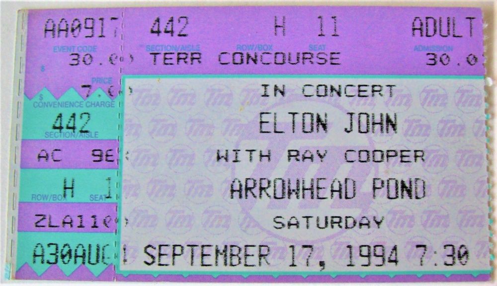 ELTON JOHN RARE CONCERT TICKET SAT 17th SEPT ARROWHEAD POND ANAHEIM U.S.A. 