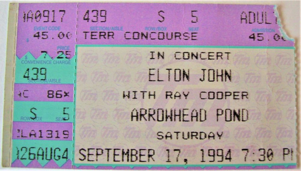 ELTON JOHN RARE CONCERT TICKET SAT 17th SEPT ARROWHEAD POND ANAHEIM U.S.A. 
