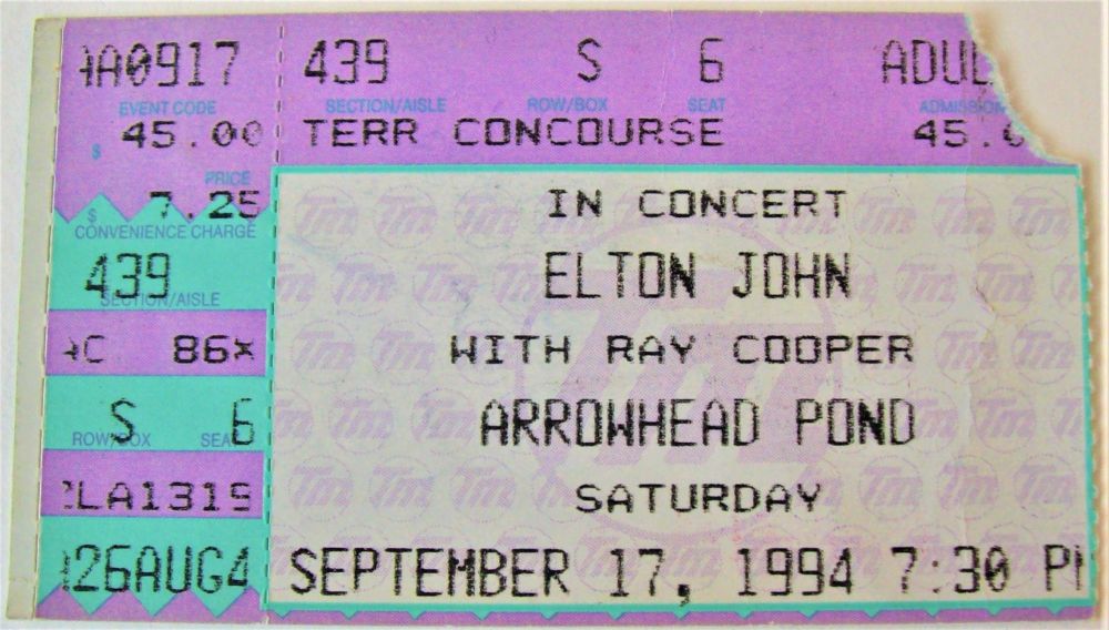 ELTON JOHN RARE CONCERT TICKET SAT 17th SEPT ARROWHEAD POND ANAHEIM U.S.A. 
