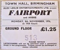 FAIRPORT CONVENTION CONCERT TICKET MON 8th NOV 1976 TOWN HALL IN BIRMINGHAM U.K.