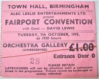 FAIRPORT CONVENTION CONCERT TICKET TUESDAY 7th OCTOBER 1975 TOWN HALL BIRMINGHAM