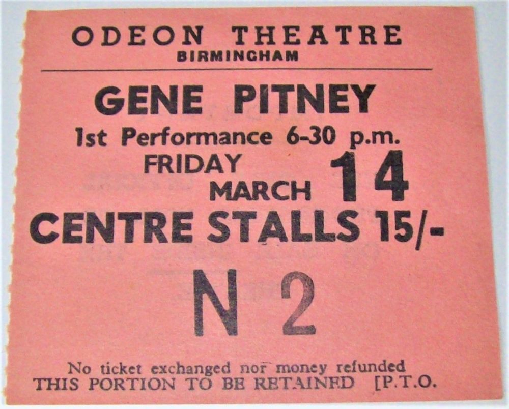 GENE PITNEY RARE CONCERT TICKET FRIDAY 14th MARCH 1968 BIRMINGHAM ODEON THE