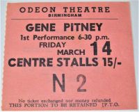 GENE PITNEY RARE CONCERT TICKET FRIDAY 14th MARCH 1969 BIRMINGHAM ODEON THEATRE