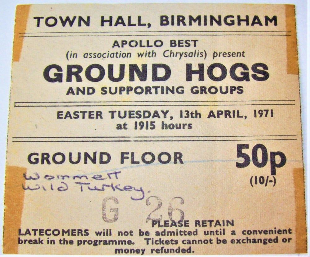 GROUNDHOGS RARE CONCERT TICKET TUESDAY 13th APRIL 1971 BIRMINGHAM TOWN HALL