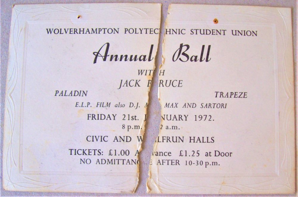 JACK BRUCE PALADIN TRAPEZE CONCERT TICKET FRI 21st JAN 1972 WOLVERHAMPTON C