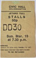 JETHRO TULL RARE CONCERT TICKET SUNDAY 19th MARCH 1972 CIVIC HALL WOLVERHAMPTON