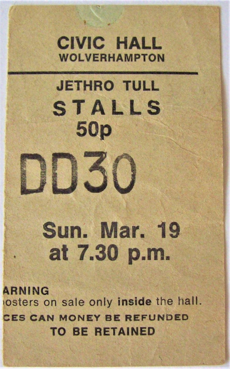 JETHRO TULL RARE CONCERT TICKET SUNDAY 19th MARCH 1972 CIVIC HALL WOLVERHAM