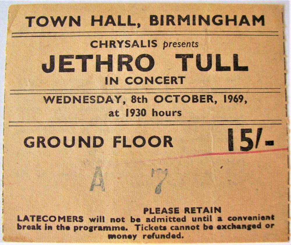 JETHRO TULL RARE CONCERT TICKET WEDNESDAY 8th OCTOBER 1969 TOWN HALL BIRMIN