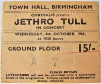 JETHRO TULL RARE CONCERT TICKET WEDNESDAY 8th OCTOBER 1969 TOWN HALL BIRMINGHAM UK