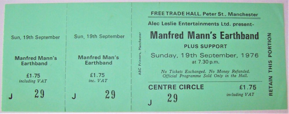 MANFRED MANN'S EARTHBAND UNUSED CONCERT TICKET SUNDAY 19th SEPT MANCHESTER 