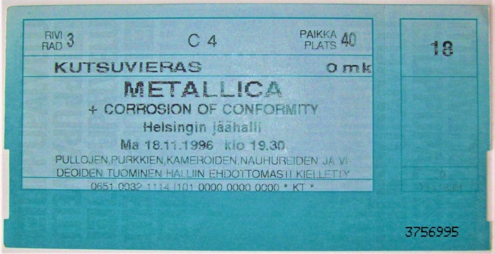 METALLICA SUPERB CONCERT TICKET MONDAY 18th NOV 1996 HELSINKI ICE HALL FINL