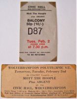 MOTT THE HOOPLE ARGENT CONCERT TICKET & ADVERT TUE 2nd FEB 1971 WOLVERHAMPTON UK