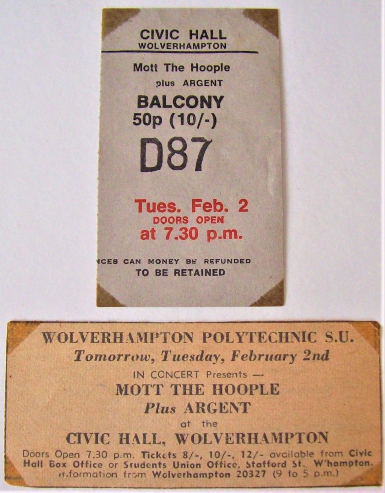 MOTT THE HOOPLE ARGENT CONCERT TICKET & ADVERT TUE 2nd FEB 1971 WOLVERHAMPT