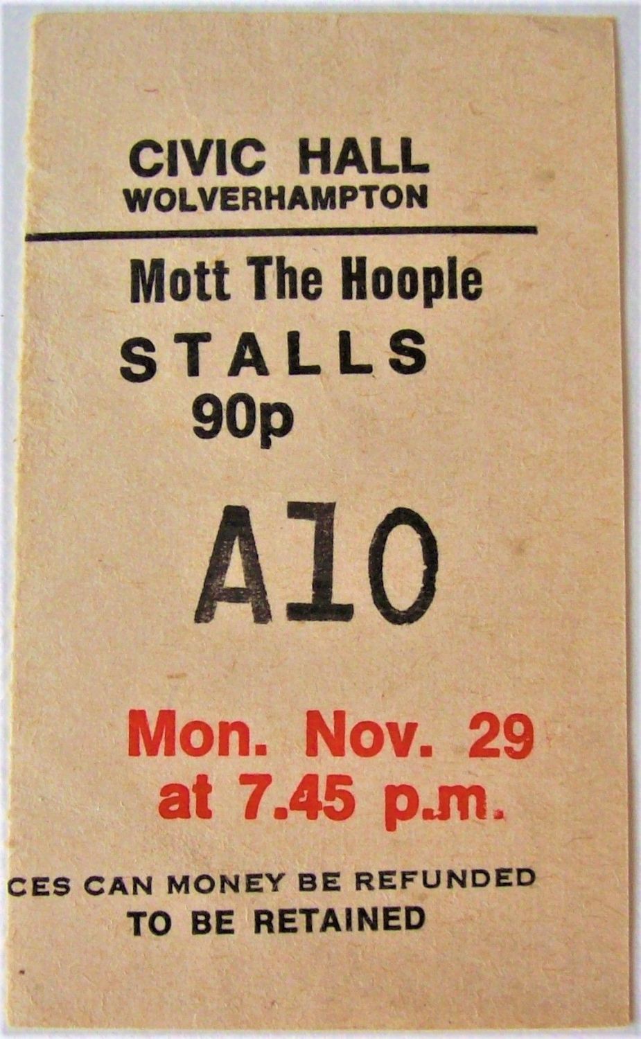 MOTT THE HOOPLE CONCERT TICKET MONDAY 29th NOV 1971 CIVIC HALL WOLVERHAMPTO