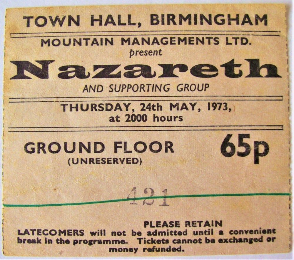 NAZARETH SUPERB CONCERT TICKET THURSDAY 24th MAY 1973 TOWN HALL BIRMINGHAM 