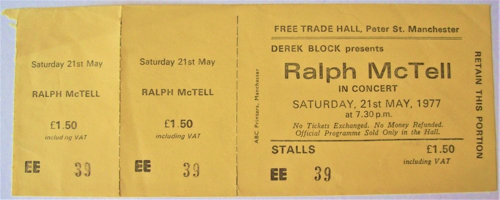RALPH McTELL FOLK RARE UNUSED CONCERT TICKET SATURDAY 21st MAY 1977 MANCHES