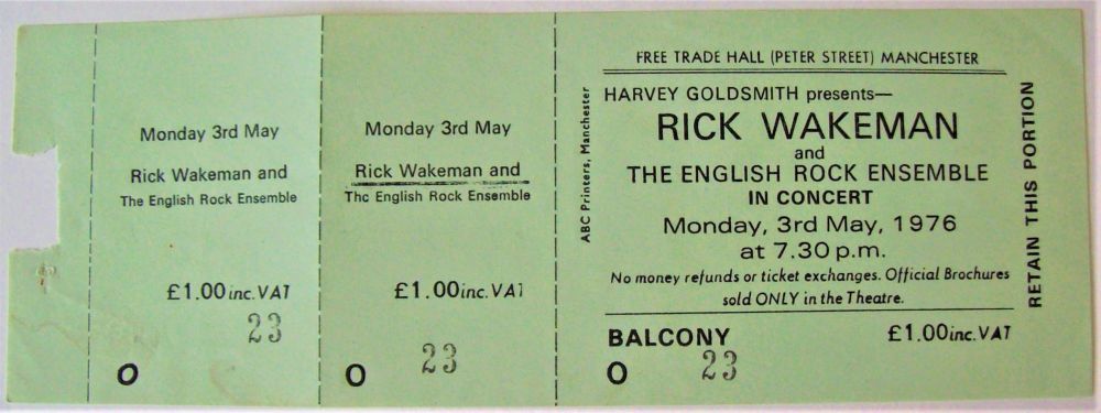 RICK WAKEMAN SUPERB RARE UNUSED CONCERT TICKET MONDAY 3rd MAY 1976 MANCHEST