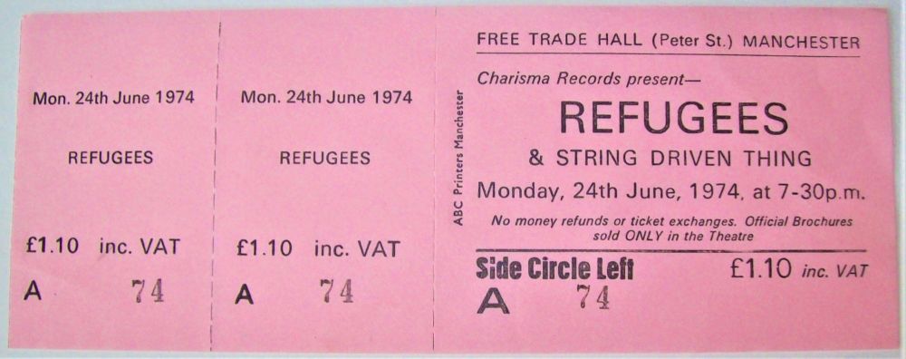 REFUGEES STRING DRIVEN THING RARE CONCERT TICKET MON 24th JUNE 1974 MANCHES