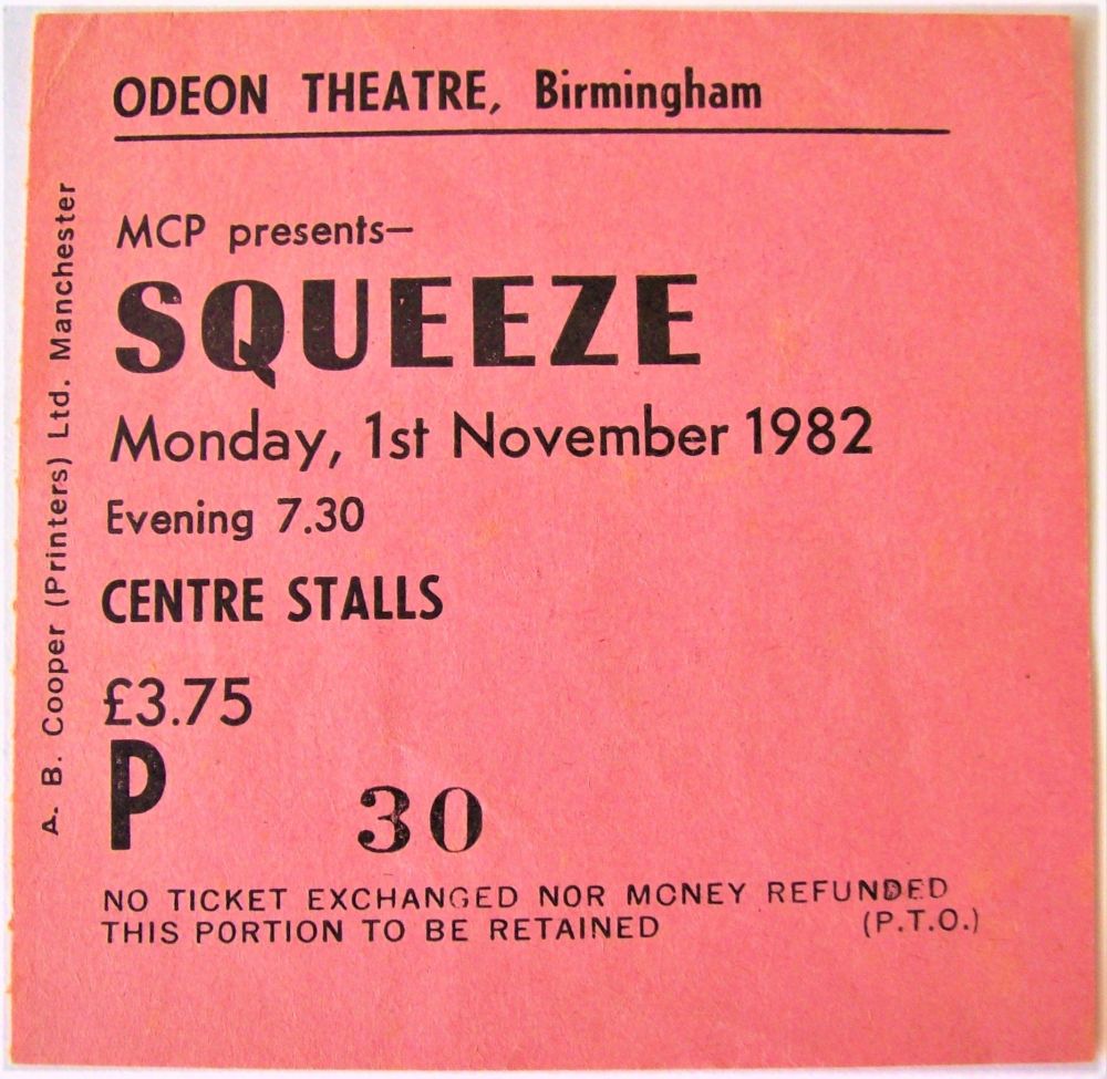 SQUEEZE RARE CONCERT TICKET MONDAY 1st NOVEMBER 1982 ODEON THEATRE BIRMINGH
