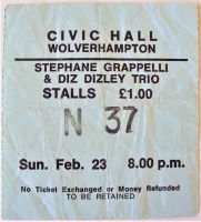 STEPHANE GRAPPELLI & DIZ DIZLEY CONCERT TICKET SUN 23rd FEB 1975 WOLVERHAMPTON