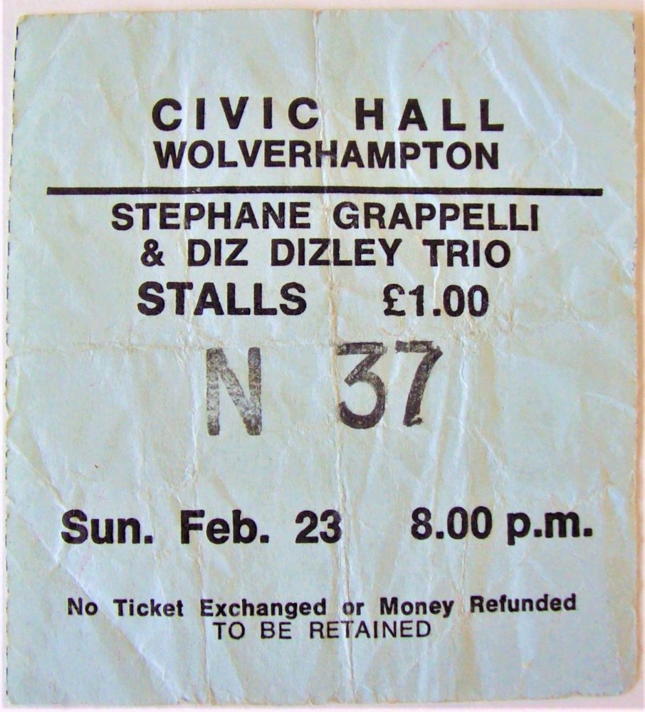 STEPHANE GRAPPELLI & DIZ DIZLEY CONCERT TICKET SUN 23rd FEB 1975 WOLVERHAMP