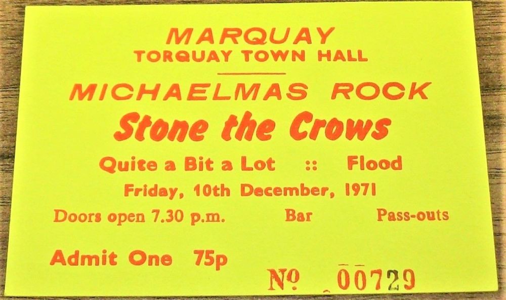 STONE THE CROWS CARD CONCERT TICKET FRIDAY 10th DECEMBER 1971 TORQUAY TOWN 