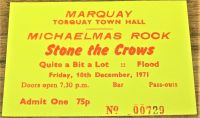 STONE THE CROWS CARD CONCERT TICKET FRIDAY 10th DECEMBER 1971 TORQUAY TOWN HALL