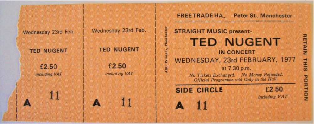 TED NUGENT RARE UNUSED CONCERT TICKET WEDNESDAY 23rd FEBRUARY 1977 MANCHEST
