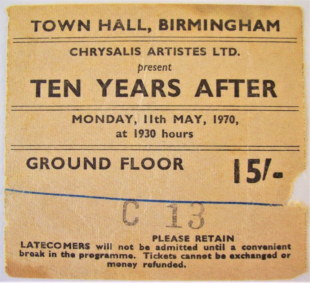 TEN YEARS AFTER RARE CONCERT TICKET MONDAY 11th MAY 1970 TOWN HALL BIRMINGH