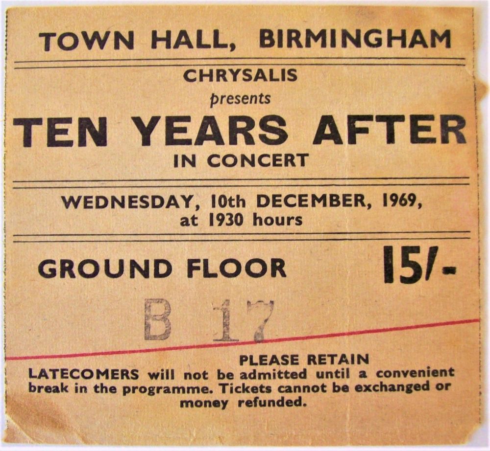 TEN YEARS AFTER RARE CONCERT TICKET WED 10th DECEMBER 1969 TOWN HALL BIRMIN