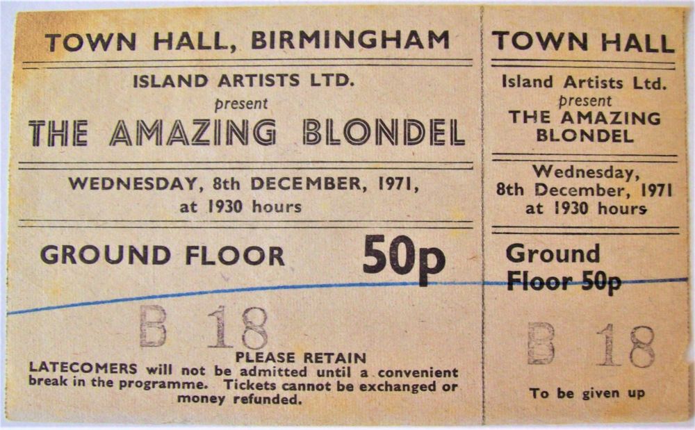 THE AMAZING BLONDEL RARE CONCERT TICKET WEDNESDAY 8th DECEMBER 1971 BIRMING