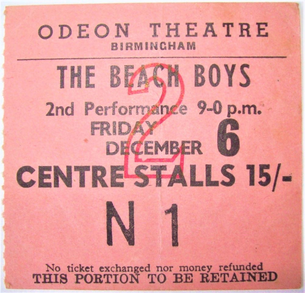 THE BEACH BOYS RARE CONCERT TICKET FRIDAY 6th DECEMBER 1968 ODEON BIRMINGHA