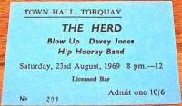 THE HERD CARD CONCERT TICKET FOR SATURDAY 23rd AUGUST 1969 TORQUAY TOWN HALL 201