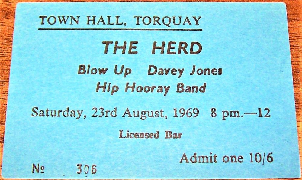 THE HERD CARD CONCERT TICKET FOR SATURDAY 23rd AUGUST 1969 TORQUAY TOWN HAL