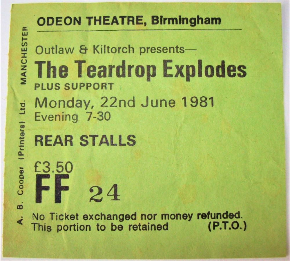 THE TEARDROP EXPLODES (COPE) CONCERT TICKET MONDAY 22nd JUNE 1981 TOWN HALL