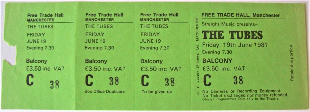 THE TUBES RARE CONCERT TICKET FRIDAY 19th JUNE 1981 MANCHESTER FREE TRADE H