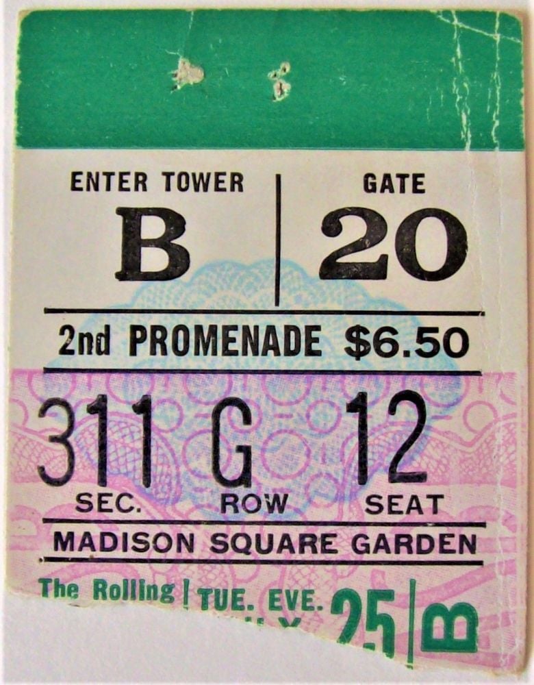 THE ROLLING STONES CONCERT TICKET TUESDAY 25th JULY 1972 MADISON SQUARE GAR