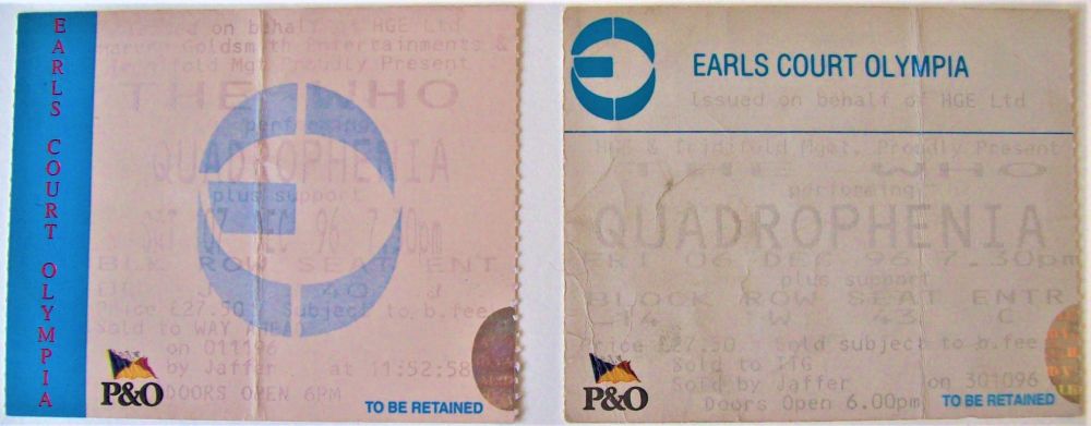 THE WHO X 2 CONCERT TICKETS 6th & 7th DECEMBER 1996 EARLS COURT 'QUADROPHEN