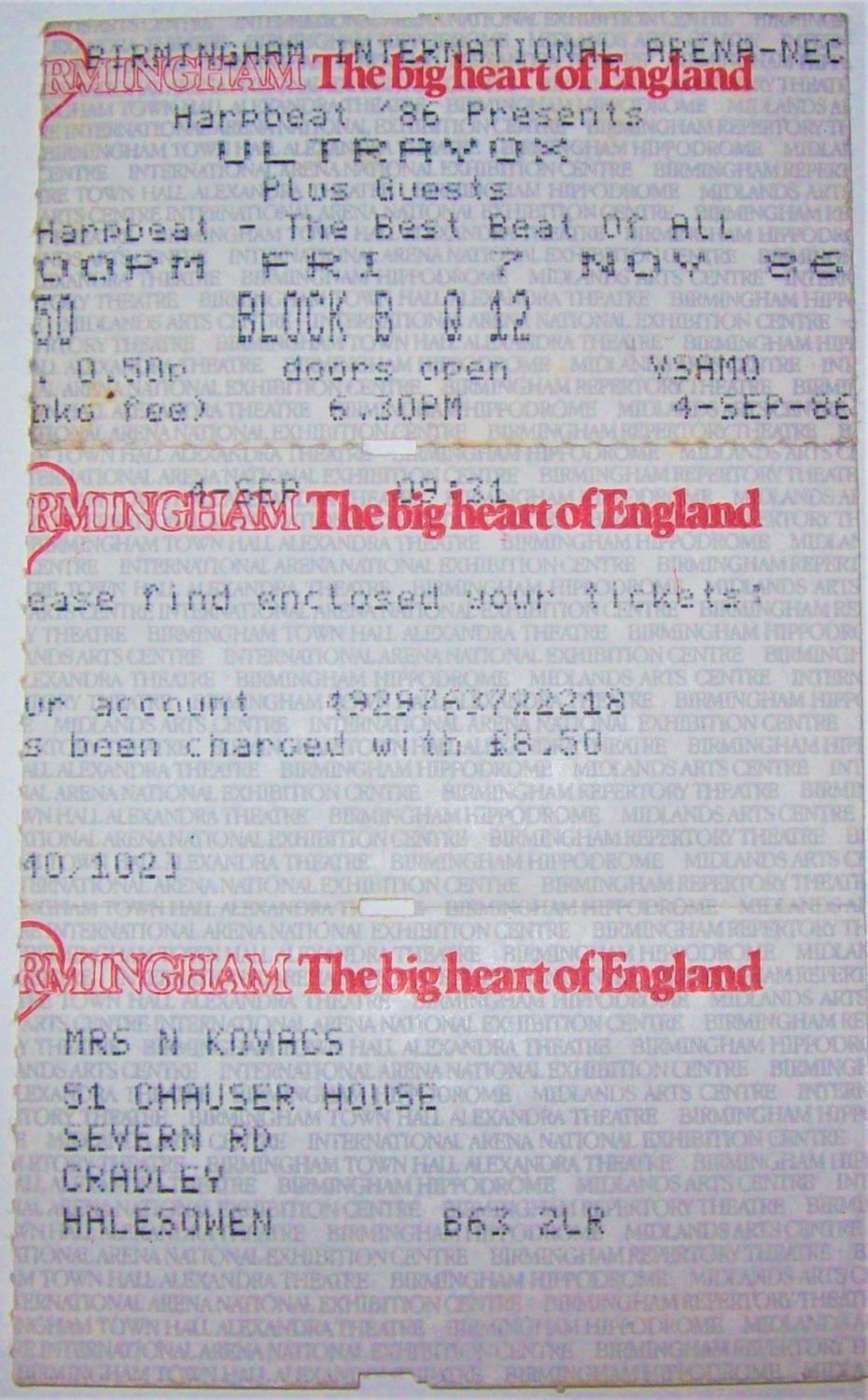 ULTRAVOX RARE CONCERT TICKET FRIDAY 7th NOVEMBER 1986 NEC ARENA BIRMINGHAM 