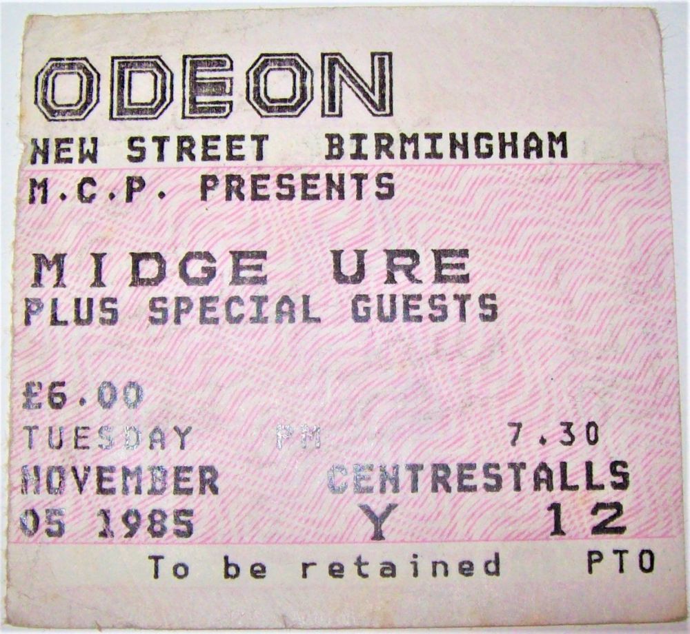 ULTRAVOX MIDGE URE TUESDAY 5th NOVEMBER 1985 CONCERT TICKET ODEON BIRMINGHA