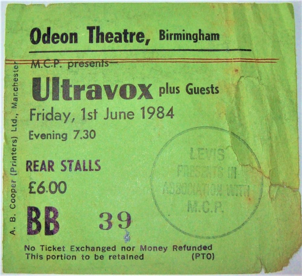 ULTRAVOX RARE CONCERT TICKET FRIDAY 1st JUNE 1984 ODEON THEATRE BIRMINGHAM 