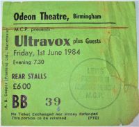 ULTRAVOX RARE CONCERT TICKET FRIDAY 1st JUNE 1984 ODEON THEATRE BIRMINGHAM U.K.