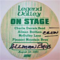 ALLMAN BROS CHARLIE DANIELS McGUFFEY LANE PLEASANT MOUNTAIN BOYS 1981 STAGE PASS
