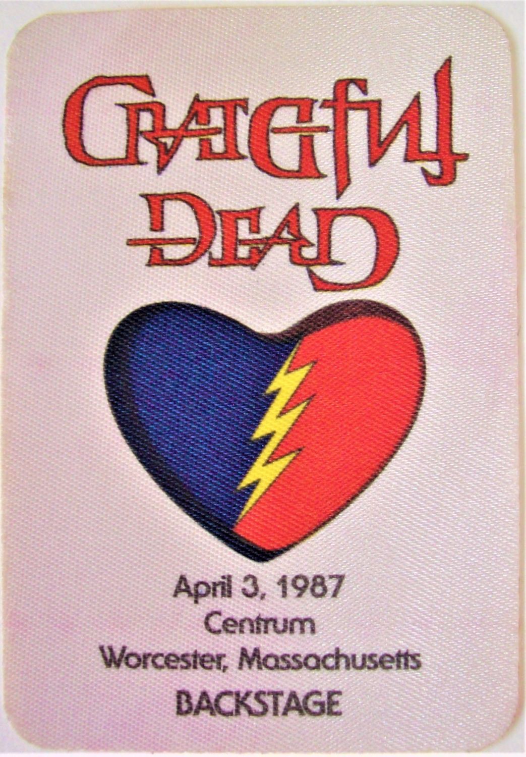 GRATEFUL DEAD ROAD CREW ISSUE BACKSTAGE CLOTH PASS APRIL 3rd 1987 WORCESTER