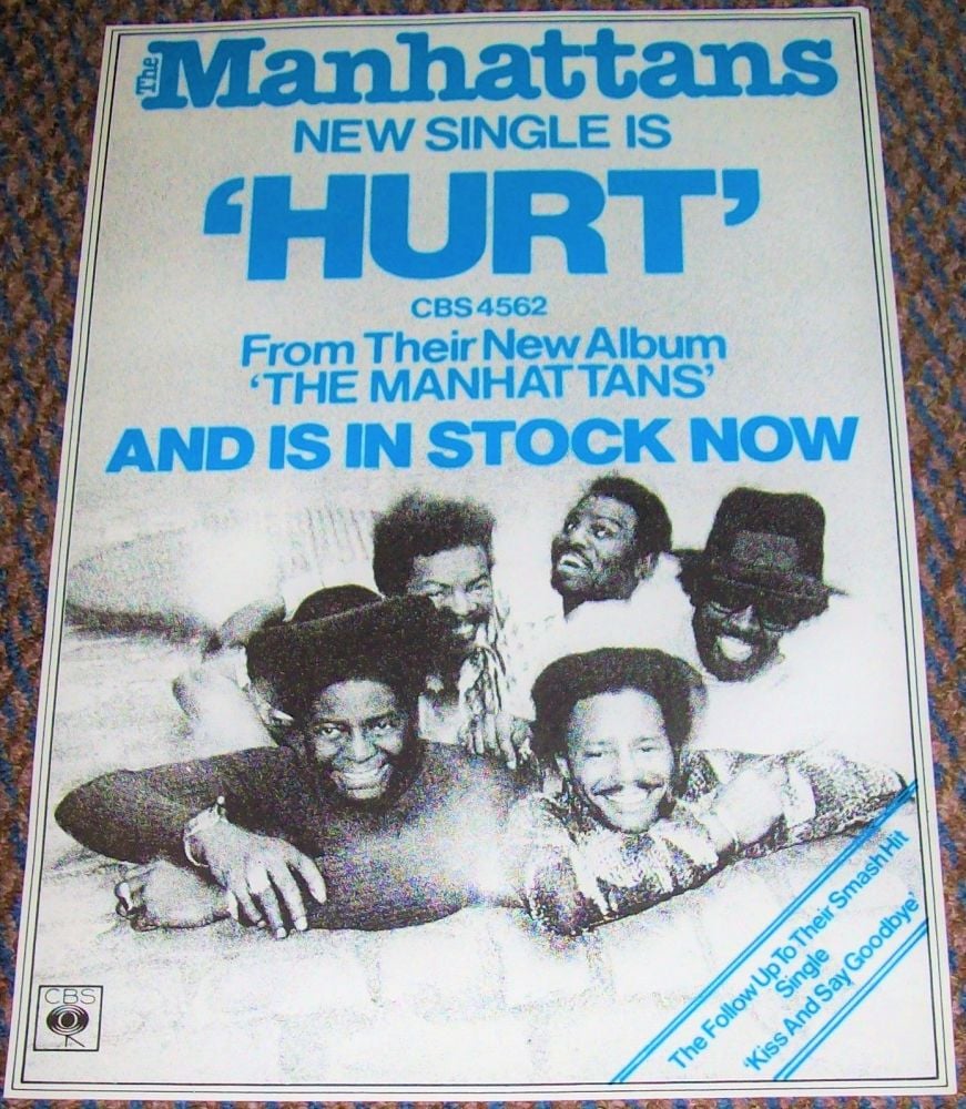 THE MANHATTANS RARE UK RECORD COMPANY PROMO POSTER FOR THE SINGLE 'HURT' IN
