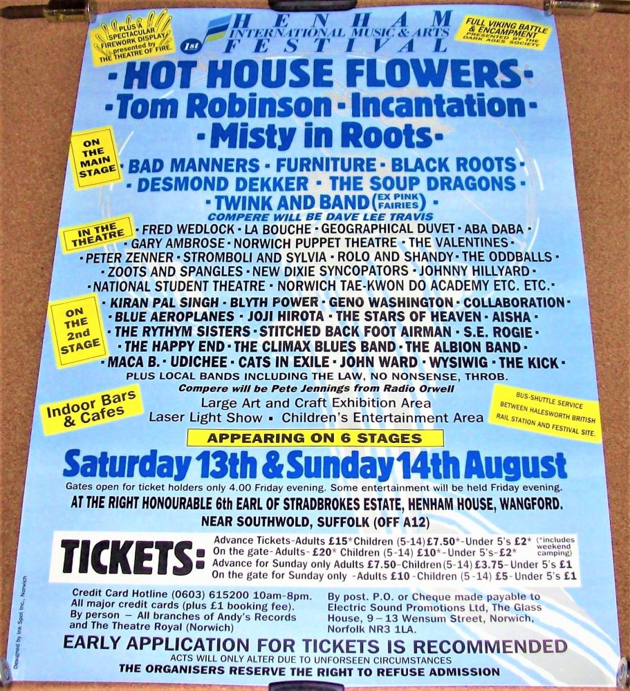 TOM ROBINSON HOTHOUSE FLOWERS BAD MANNERS HENHAM MUSIC FESTIVAL POSTER AUG 