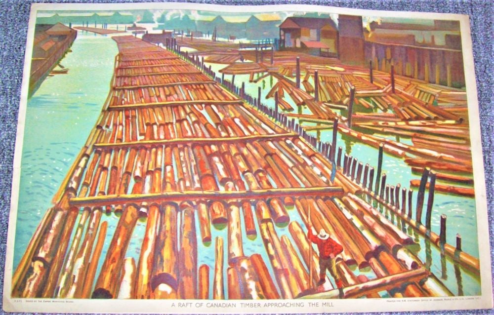 BRITISH EMPIRE POSTER 'A RAFT OF CANADIAN TIMBER APPROACHING THE MILL' 1920