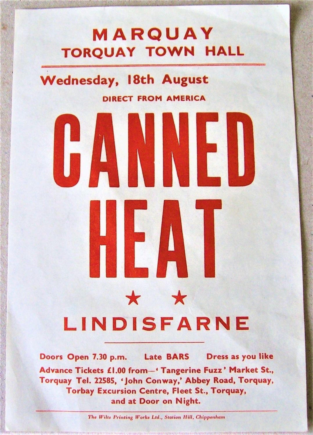 CANNED HEAT LINDISFARNE CONCERT HANDBILL-FLYER WED 18th AUG 1971 TORQUAY T/