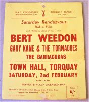 BERT WEEDON GARY KANE&THE TORNADOES WINDOW CARD CONCERT POSTER SAT 2nd FEB 1963